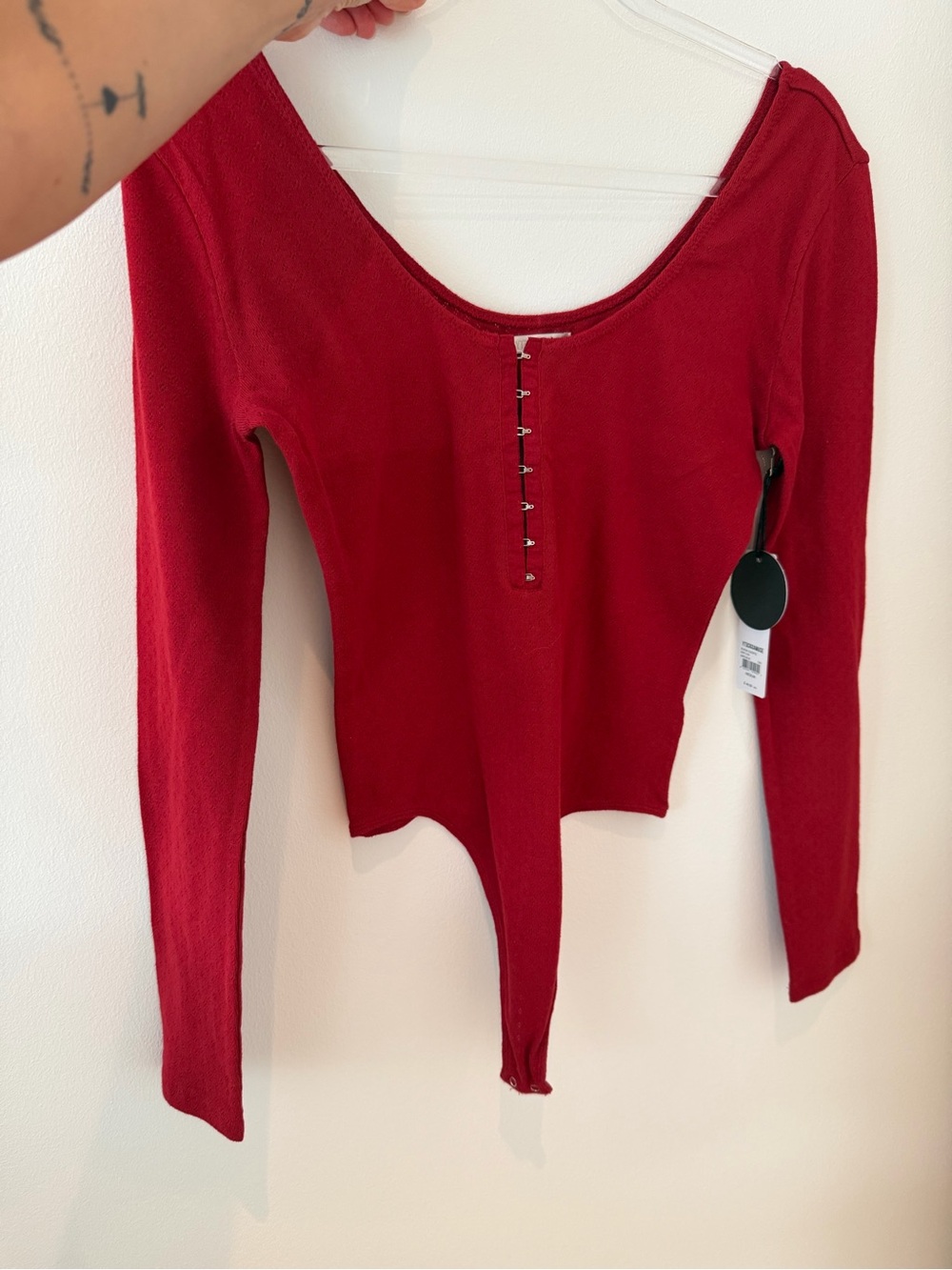 Muse Cherry Red Long-Sleeve Scoop Neck Bodysuit with Front Hook Accents